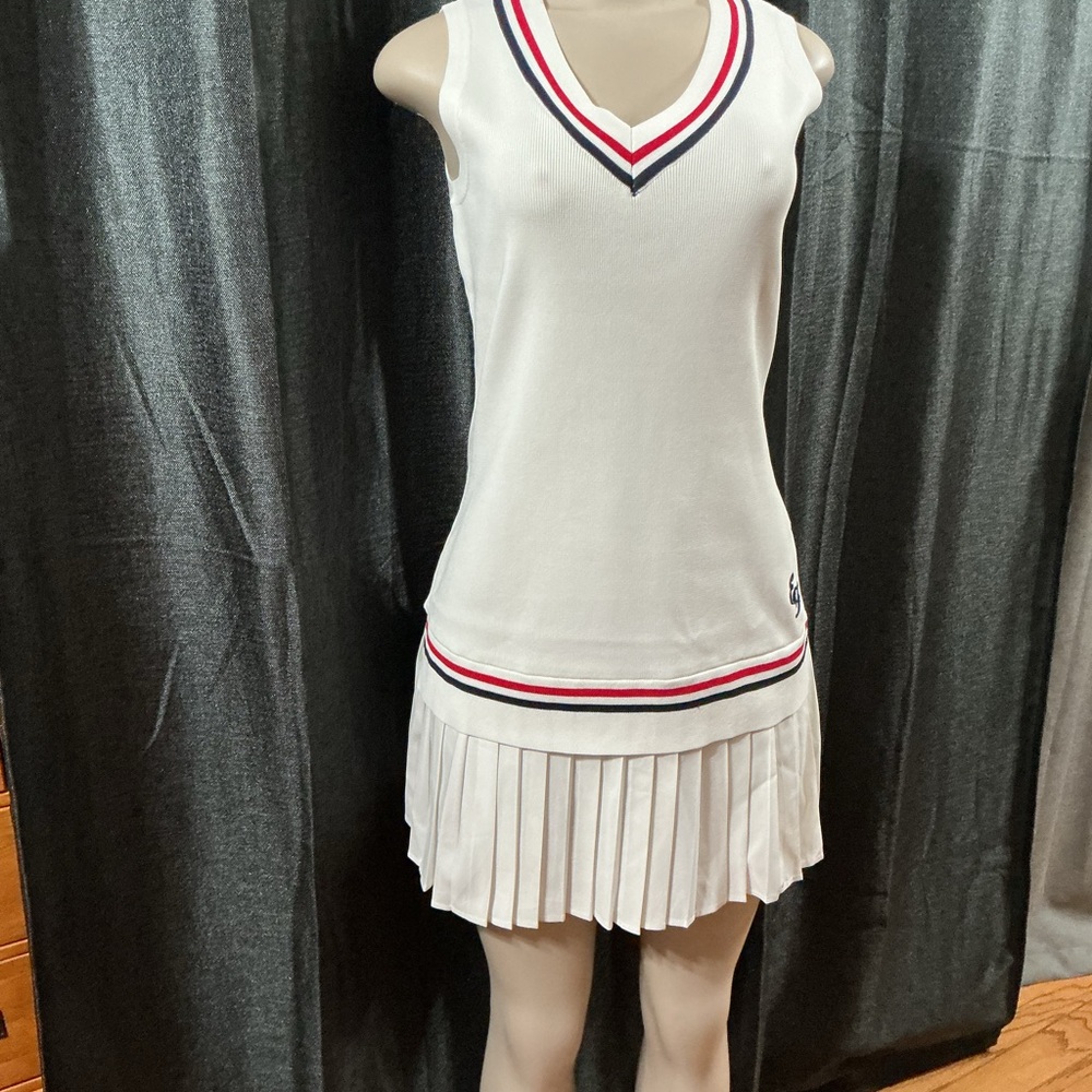 English Factory White Pleated Tennis-Style Mini Dress with Red & Navy Trim